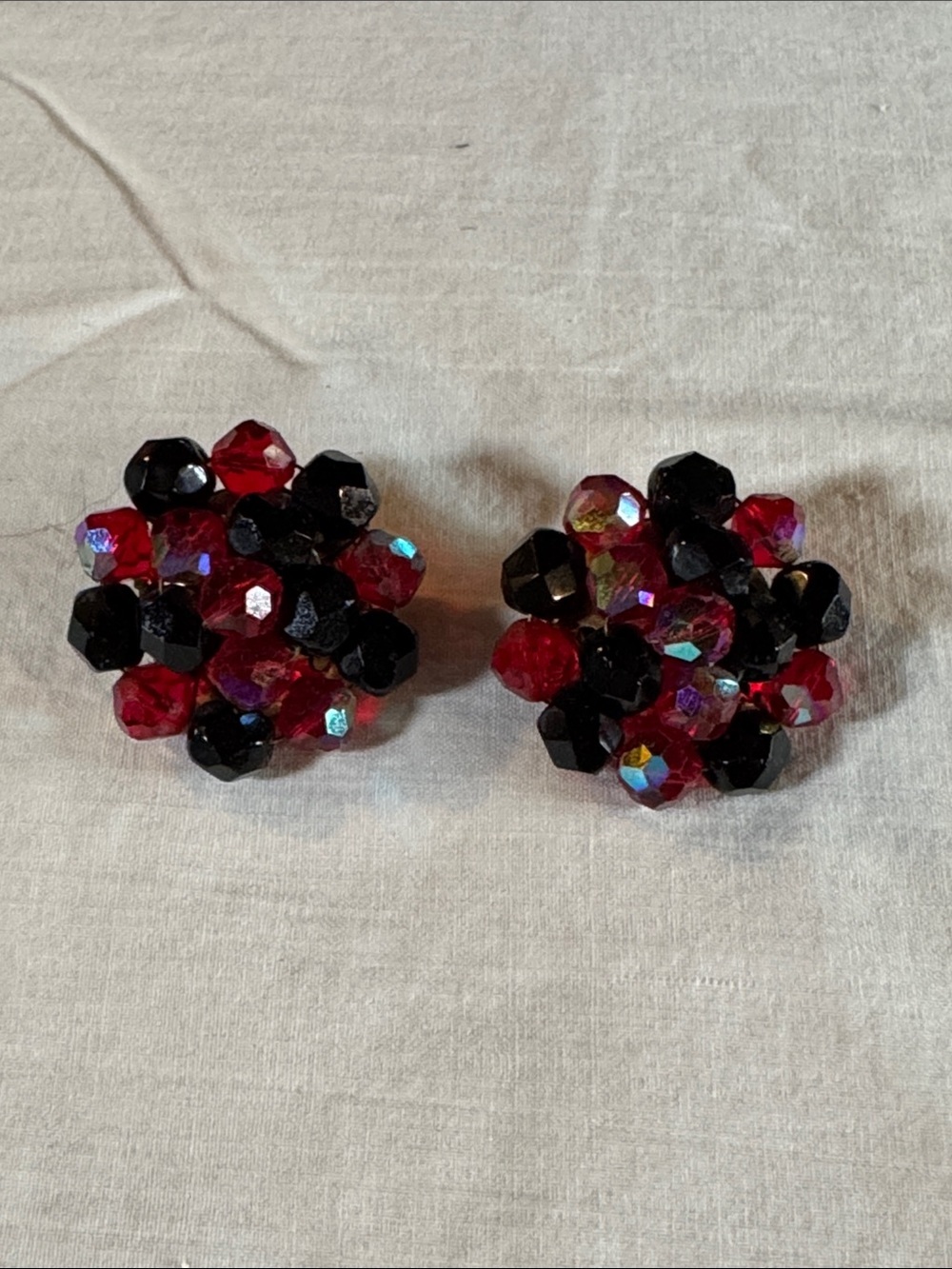 Vintage Cluster Bead Clip On Earrings in Red and Black Sparkle